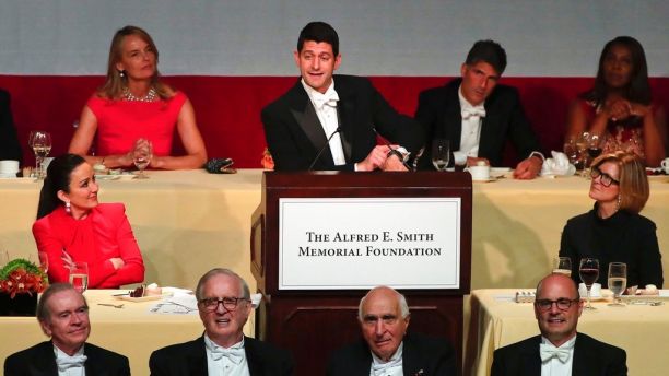 Speaker of the House Paul Ryan, R-Wis., speaks during the 72nd Annual Alfred E. Smith Memorial Foundation dinner, Thursday, Oct. 19, 2017, in New York. (AP Photo/Julie Jacobson)