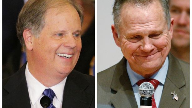 A combination photo shows Democratic Alabama U.S. Senate candidate Doug Jones (L) and Republican U.S. Senate candidate Roy Moore (R) at their respective election night parties in Birmingham and Montgomery, Alabama, U.S., December 12, 2017. REUTERS/Marvin Gentry/Jonathan Bachman - RC1CF58C1F10
