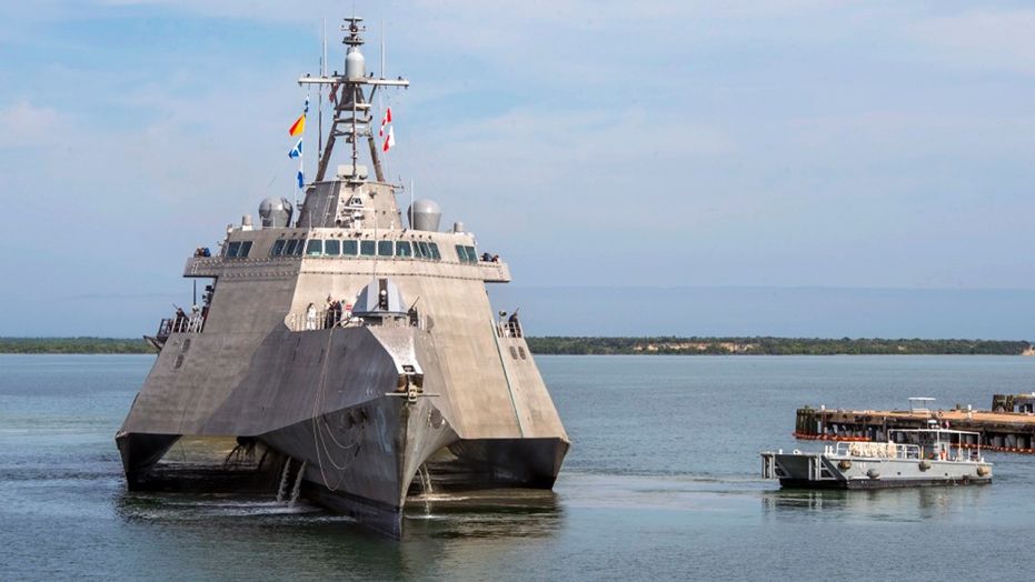 The USS Omaha, a 218-foot-long littoral combat ship, pier side during a brief fuel stop in Guantanamo Bay, Cuba on Jan. 3, 2018.