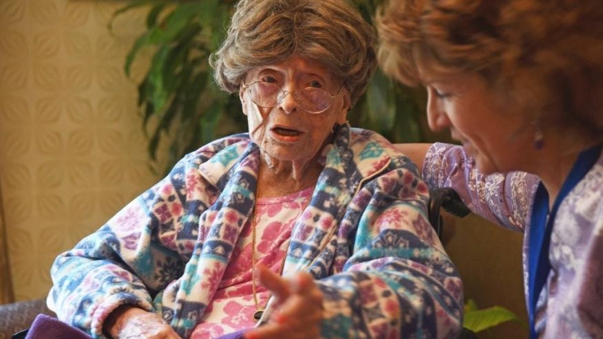FILE – In this July 19, 2016, file photo, 113-year-old Adele Dunlap, left, talks with Susan Dempster, right, the activities director at the Country Arch Care Center in Pittstown, N.J. Dunlap, a 114-year-old New Jersey woman who was believed to be the oldest person in the U.S., died Sunday, Feb. 5, 2017, at a medical center near Flemington, N.J. Dunlap was born Dec. 12, 1902, in Newark, N.J. (Chris Pedota/The Record via AP, File)