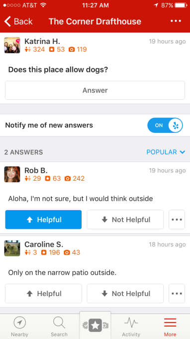 Yelp published question
