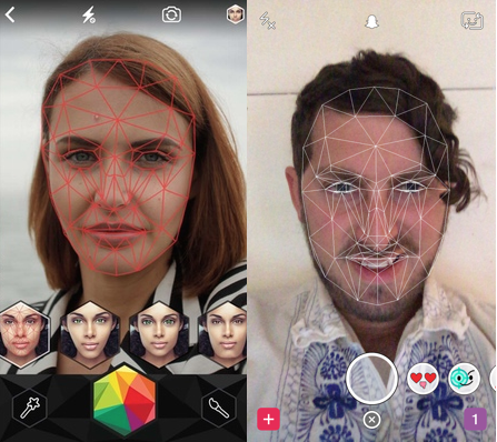 Snap acquired Looksery (left) to power its selfie Lenses (right)