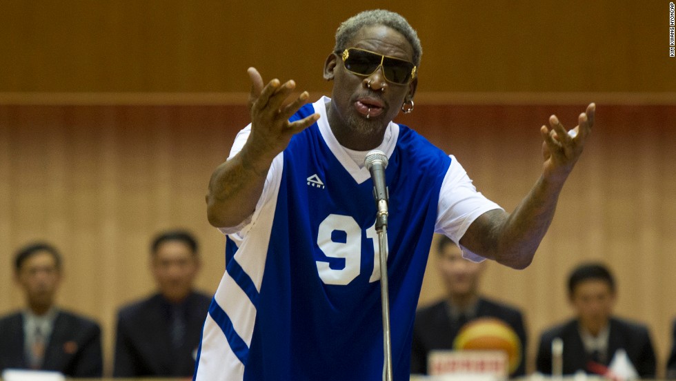 Dennis Rodman sings "Happy Birthday" to North Korean leader Kim Jong Un before an exhibition basketball game in Pyongyang, North Korea, on Wednesday, January 8. In his latest round of "<a href="http://www.cnn.com/2014/01/06/world/asia/north-korea-dennis-rodman/index.html">basketball diplomacy</a>," Rodman made his fourth visit to North Korea, one of the world's most totalitarian states, to participate in a basketball game between North Korea and a team of former NBA players.