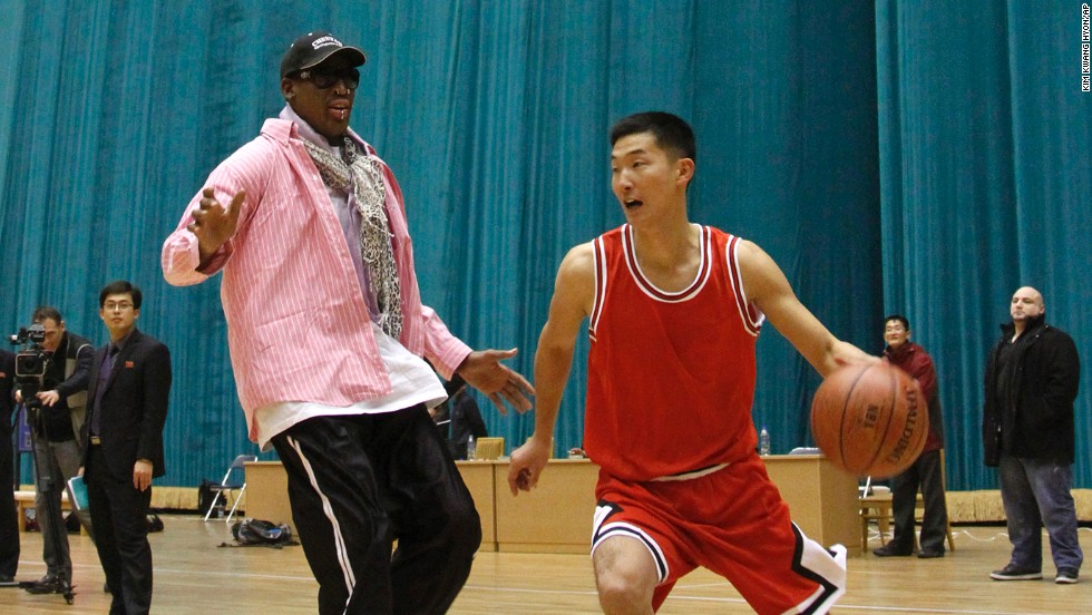 Rodman plays one-on-one with a North Korean player during a basketball practice session in Pyongyang on Friday, December 20, 2013. During the session, Rodman selected the members of the North Korean team who will play in Pyongyang against visiting NBA stars on January 8, the birthday of North Korean leader Kim Jong Un.
