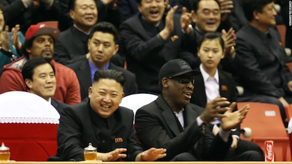 On an earlier visit, Rodman and Kim watch a basketball game together in this image released by HBO for an episode of the documentary series "Vice" which aired in June.