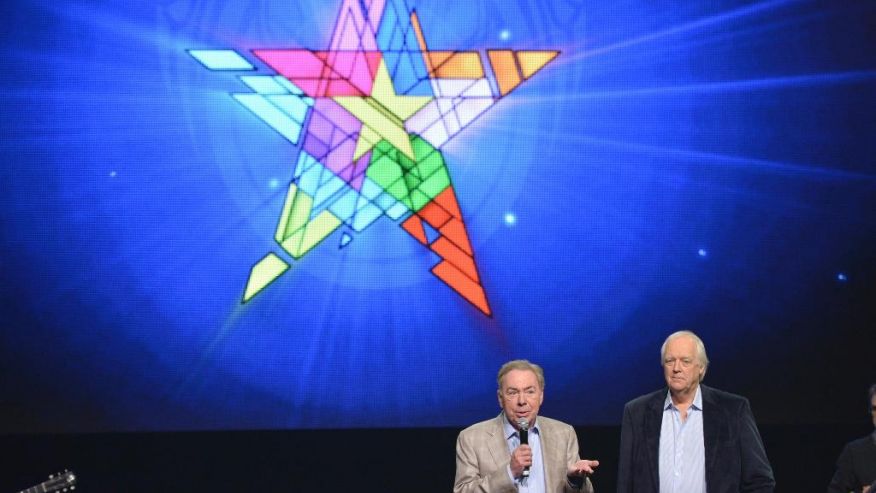 FILE - In this April 4, 2014 file photo, composer Andrew Lloyd Webber, left, and lyricist Tim Rice announce the new