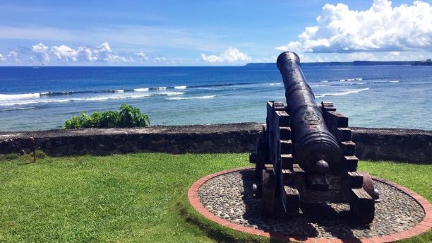 A replica of canons used by the Spanish from the Spanish occupation on Guam in the 19th century is seen outside of government offices in Hagatna, Guam on Friday morning, Aug. 11, 2017. The small U.S. territory of Guam has become a focal point after North Korea's army threatened to use ballistic missiles to create an 