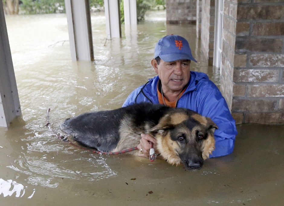 Harvey Texas man carries dog from his flooded home