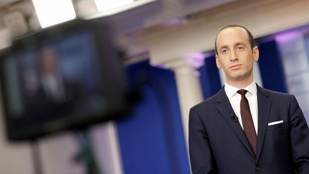 Senior White House Advisor Stephen Miller waits to go on the air in the White House Briefing Room in Washington, U.S., February 12, 2017. REUTERS/Joshua Roberts - RTSYA17