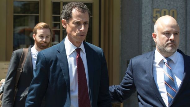 FILE - In a Friday, May 19, 2017 file photo, former U.S. Rep. Anthony Weiner leaves Federal court, in New York. Federal prosecutors says former Congressman Anthony Weiner should go to prison for about two years for engaging in sexting with a 15-year-old girl. Prosecutors filed papers in Manhattan federal court Wednesday, Sept. 20, 2017, urging a judge to send a message at sentencing Monday. (AP Photo/Mary Altaffer, File)