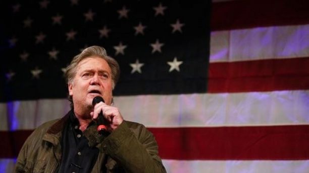 Former White House strategist Steve Bannon speaks at a rally for U.S. Senate hopeful Roy Moore, Monday, Sept. 25, 2017, in Fairhope, Ala. Sen. Luther Strange and challenger Moore made their final push Monday to sway voters ahead of Alabama's Republican runoff for U.S. Senate, a race that's pitted President Donald Trump against his former strategist, Bannon. (AP Photo/Brynn Anderson)