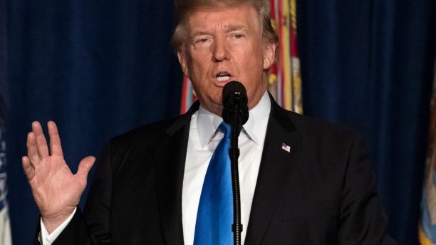 President Donald Trump speaks at Fort Myer in Arlington Va., Monday, Aug. 21, 2017, during a Presidential Address to the Nation about a strategy he believes will best position the U.S. to eventually declare victory in Afghanistan. (AP Photo/Carolyn Kaster)