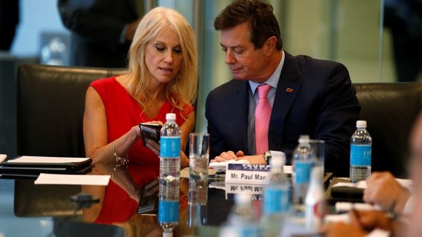 Campaign Manager Kellyanne Conway (L) and Paul Manafort, staff of Republican presidential nominee Donald Trump, speak during a round table discussion on security at Trump Tower in the Manhattan borough of New York, U.S., August 17, 2016. REUTERS/Carlo Allegri TPX IMAGES OF THE DAY - S1AETVZWGDAC