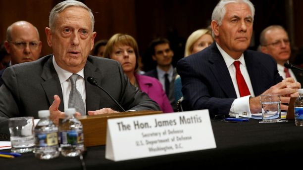 U.S. Defense SecretaryÂ James Mattis and Secretary of State Rex Tillerson testify about authorizations for the use of military force before the Senate Foreign Relations Committee on Capitol Hill in Washington, U.S. October 30, 2017.  REUTERS/Jonathan Ernst - RC11B1A6C910