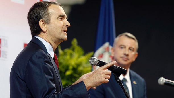 Democratic candidate for governor, Lt. Gov. Ralph Northam, left, gestures during a debate with Republican challenger Ed Gillespie at the University of Virginia-Wise in Wise, Va., Monday, Oct. 9, 2017. (AP Photo/Steve Helber)