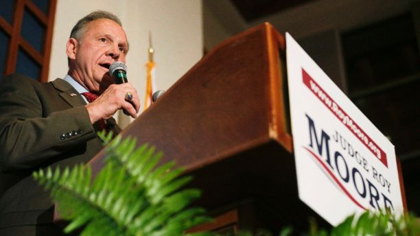 Former Alabama Chief Justice and U.S. Senate candidate Roy Moore speaks to supporters Tuesday, Aug. 15, 2017, in Montgomery, Ala., after he forced a Senate primary runoff with Sen. Luther Strange to fill the U.S. Senate seat previously held by Attorney General Jeff Sessions. (AP Photo/Brynn Anderson)
