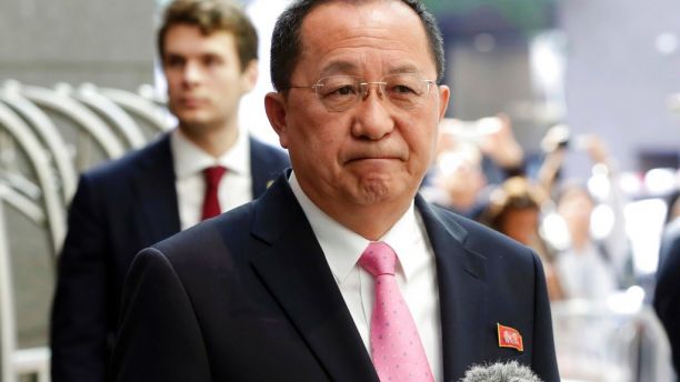 FILE - In this Sept. 25, 2017 file photo, North Korea's Foreign Minister Ri Yong Ho speaks outside the U.N. Plaza Hotel, in New York. Russian state news agency Tass says North Koreaâs foreign minister has described his nationâs nuclear weapons as a âsword of justice.â Tass quoted North Korean Foreign Minister Ri Yong Ho accusing U.S. President Donald Trump of âsetting a fuse of warâ with his September speech at the United Nations, it was reported on Wednesday, Oct. 11, 2017. (AP Photo/Richard Drew, File)