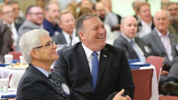 CIA Director Mike Pompeo is introduced to the downtown Wichita Rotary during a meeting at Botanica in Wichita, Kan., Monday, Nov. 6, 2017. It was Pompeo's first public address in Wichita since being named head of the CIA. (Jaime Green/The Wichita Eagle via AP)