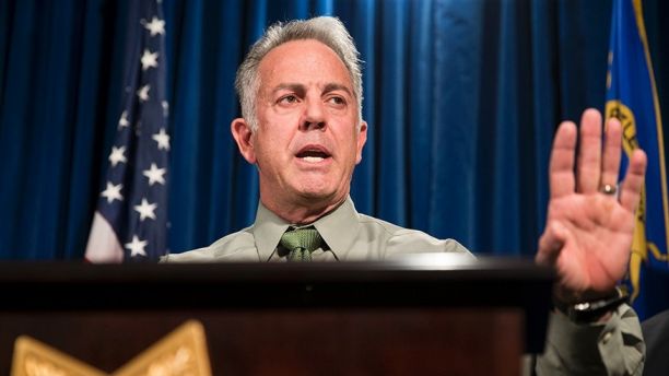 Clark County Sheriff Joe Lombardo discusses the Route 91 Harvest festival mass shooting at the Las Vegas Metropolitan Police Department headquarters in Las Vegas, Monday, Oct. 9, 2017. Law enforcement authorities on Monday made a significant change to the timeline of the mass shooting, saying the gunman shot a hotel security guard before he opened fire on concertgoers. (Erik Verduzco/Las Vegas Review-Journal via AP)