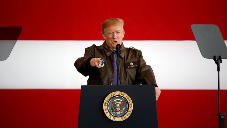 U.S. President Donald Trump addresses members of U.S. military services and Japan Self-Defense Force (JSDF) at U.S. Air Force Yokota Air Base in Fussa, on the outskirts of Tokyo, Japan, November 5, 2017. REUTERS/Toru Hanai - RC117D30EC90
