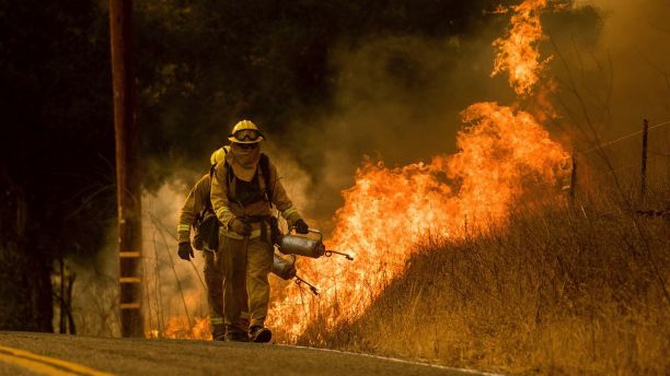 Firefighters light backfire while trying to keep a wildfire from jumping Santa Ana Road near Ventura, Calif., on Saturday, Dec. 9, 2017. (AP Photo/Noah Berger)