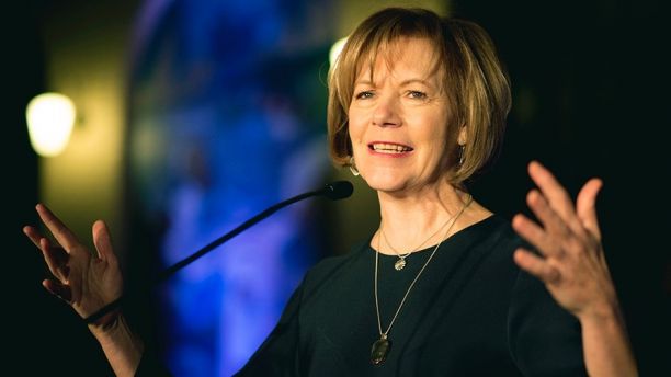 FILE - In this Jan. 10, 2015, file photo, Minnesota Lt. Gov. Tina Smith speaks in St. Paul, Minn. Smith is a possible replacement to fill U.S. Sen. Al Franken's seat after he announced his resignation amid multiple sexual misconduct allegations Thursday, Dec. 7, 2017, on the Senate floor in Washington. His resignation means Minnesota Gov. Mark Dayton, a fellow Democrat, will name a temporary replacement. The winner of a special election in November would serve through the end of Franken's term in January of 2021. (Aaron Lavinsky /Star Tribune via AP, File)