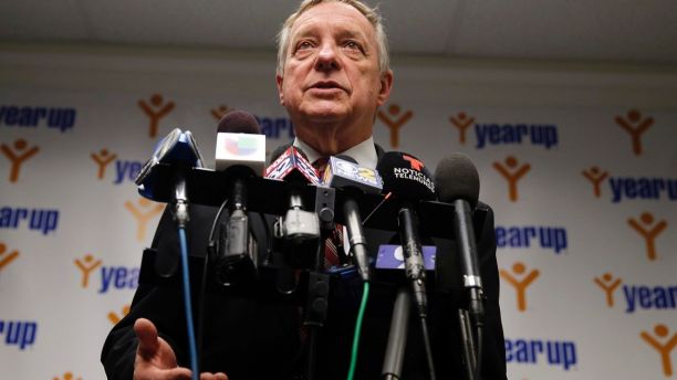 Sen. Dick Durbin, D-Ill., speaks at a news conference as he visits students of Year Up Chicago, a one-year long job training program that provides low-income young adults, Friday, Jan. 12, 2018, in Chicago. The senator present at a White House immigration meeting says President Donald Trump used vulgar language to describe African countries, saying he