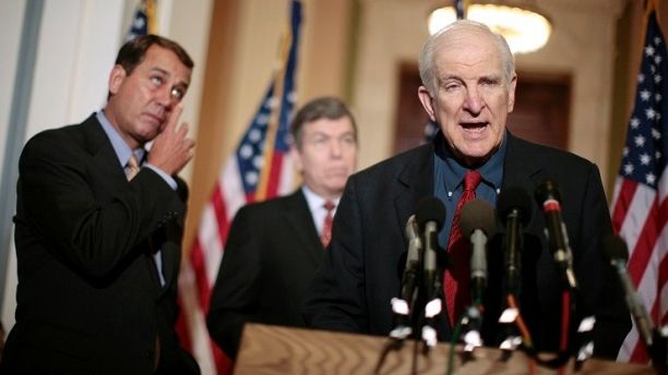 U.S. House Minority leader John Boehner (L)(R-OH) wipes tears from his face as he listens to fellow rep. Sam Johnson (R-TX) speak about his time as a prisoner during the Vietnam war, following a Republican conference meeting on Capitol Hill in Washington February 13, 2007. Before the House began a debate on an Iraq war resolution Tuesday, Johnson said 34 years ago when he was a prisoner of war, opposition to the conflict from within America hurt the morale of troops on the ground in Vietnam, just as the current resolution may hurt the morale of troops currently in Iraq. Rep. Roy Blunt (R-MO) is pictured between Boehner and Johnson.      REUTERS/Jason Reed     (UNITED STATES) - GM1DUPIVZZAA
