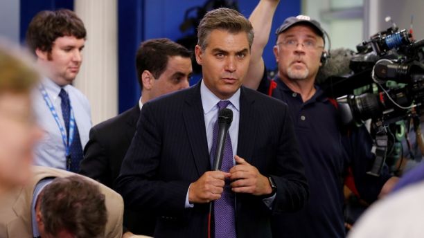 CNN White House correspondent Jim Acosta prepares to go on the air after the daily press briefing, during which he had a contentious exchanges with White House senior policy advisor Stephen Miller, at the White House in Washington, U.S. August 2, 2017.  REUTERS/Jonathan Ernst - RC1693D7B420