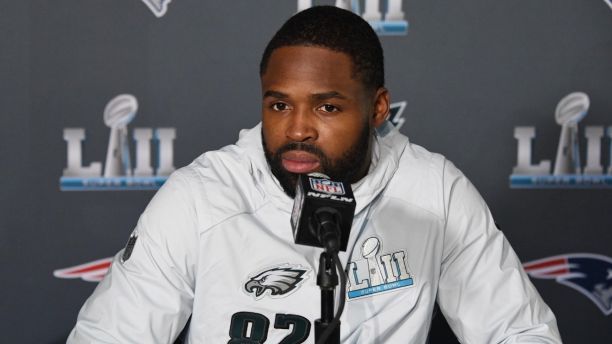 Jan 30, 2018; Bloomington, MN, USA; Philadelphia Eagles wide receiver Torrey Smith during a press conference at the Mall of America in advance of Super Bowl LII against the New England Patriots. Mandatory Credit: Kirby Lee-USA TODAY Sports - 10576191