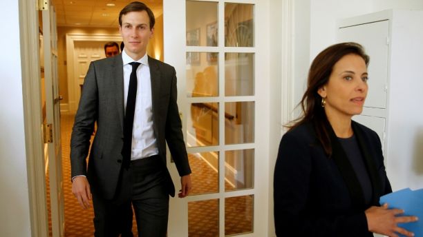 White House senior advisor Jared Kushner and U.S. Deputy National Security Advisor for Strategy Dina Powell walk out to attend a joint statement by U.S. President Donald Trump and Singapores Prime Minister Lee Hsien Loong in the Rose Garden at the White House in Washington, U.S. October 23, 2017.  REUTERS/Jonathan Ernst - RC19A418E940