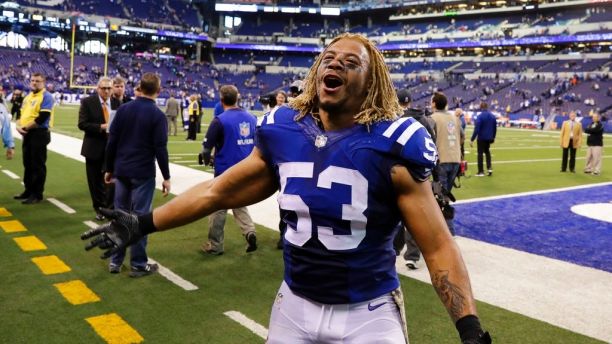 FILE - In this Nov. 20, 2016 file photo, Indianapolis Colts linebacker Edwin Jackson (53) walks off the field following an NFL football game against the Tennessee Titans in Indianapolis. Jackson, 26, was one of two men killed when a suspected drunken driver struck them as they stood outside their car along a highway in Indianapolis. The Colts said in a statement Sunday, Feb. 4, 3018, that the team is