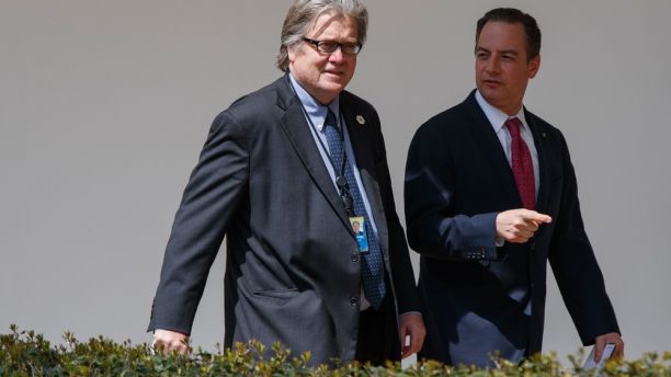 White House chief strategist Steve Bannon, left, walks with White House chief of staff Reince Priebus before a lunch with President Donald Trump and Egyptian President Abdel Fattah al-Sisi at the White House in Washington, Monday, April 3, 2017. (AP Photo/Evan Vucci)