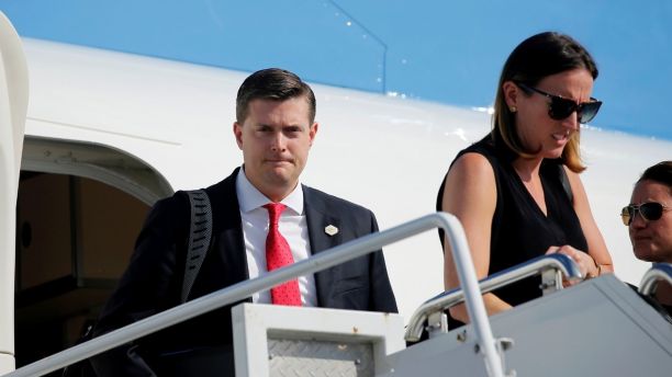 White House Staff Secretary Rob Porter (L) arrives aboard Air Force One with fellow senior staff and U.S. President Donald Trump for a summer vacation at his Bedminster estate, at Morristown Airport in Morristown, New Jersey, U.S. August 4, 2017. Picture taken August 4, 2017. REUTERS/Jonathan Ernst - RC1F4DCDCDA0
